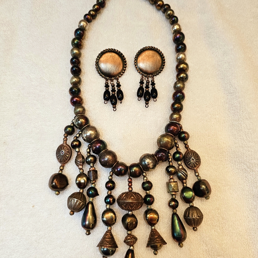Vintage Boho iridescent glass/metal beaded statement necklace & earring set